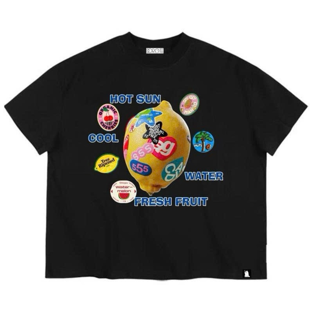 Graphic Lemon Sticker Black Tee - "Hot Sun Cool Water Fresh Fruit"